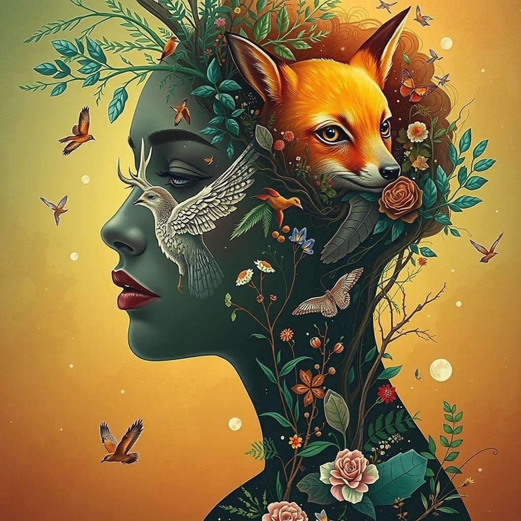 Woman Blends with Forest Animals in Whimsical Nature Scene