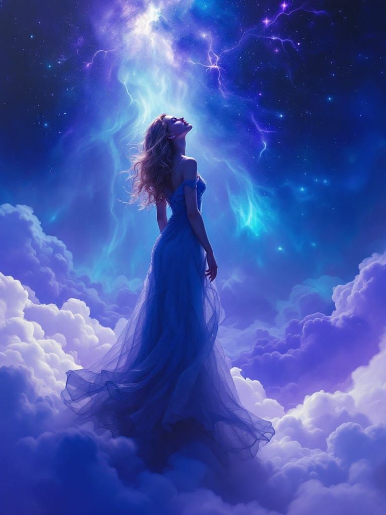 Pin-Up Woman on Clouds in Cosmic Night