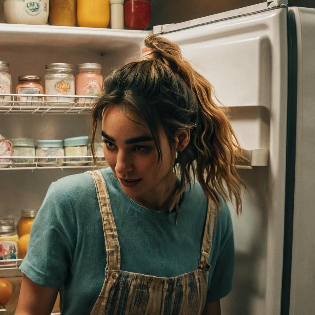 Girl Rummages in Fridge: Cinematic Film Still