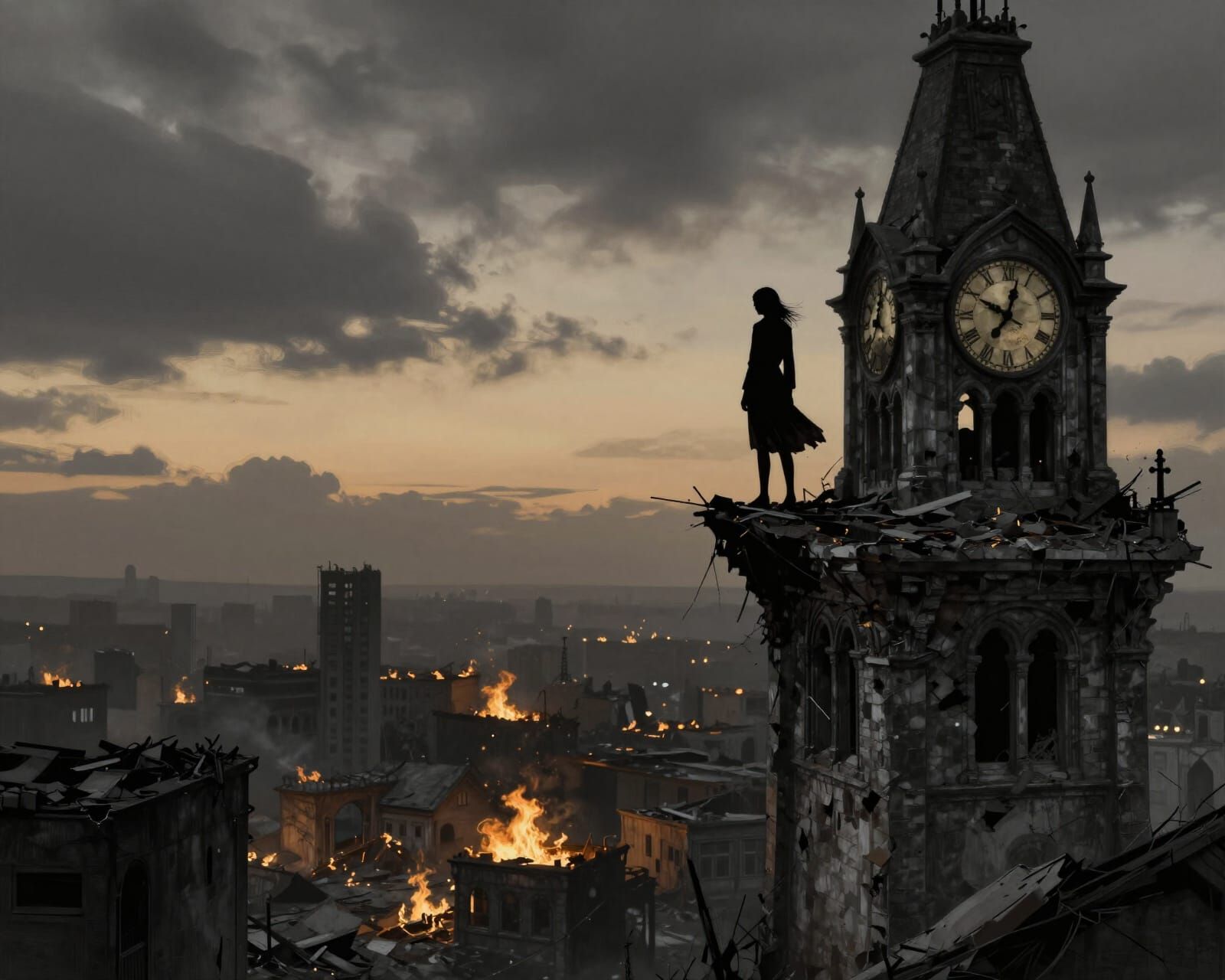 Woman Silhouetted Atop Crumbling Clock Tower Overlooking Rui...