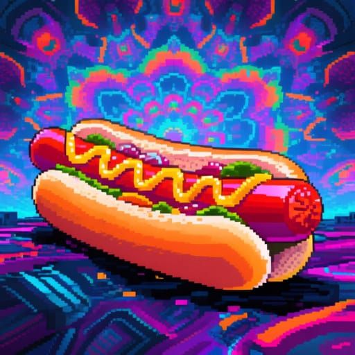 Hotdog on Fractal Background in Pixel Art Style
