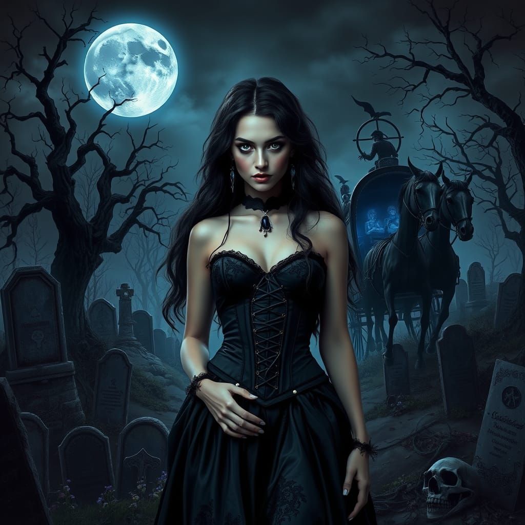 Gothic Enchantress in Haunted Graveyard under Blue Moon