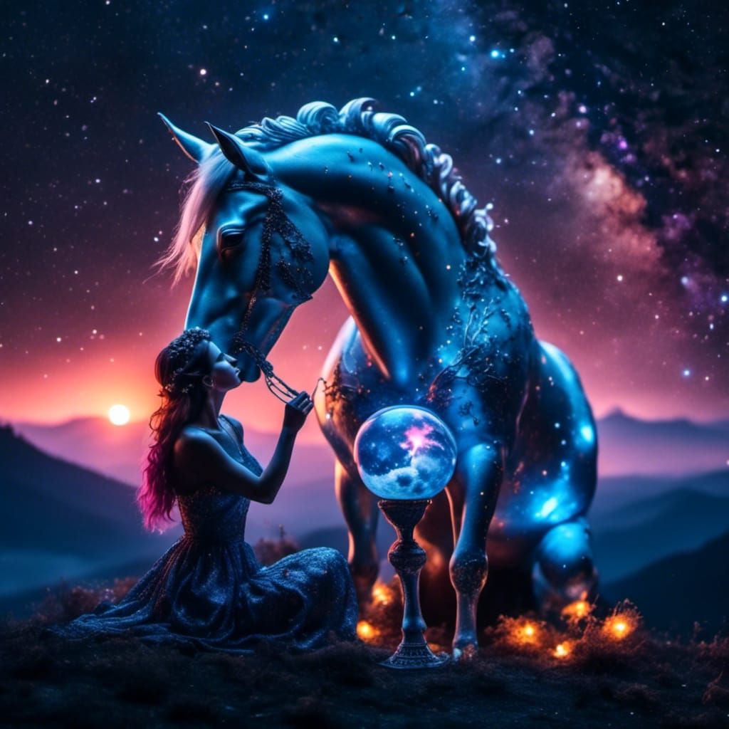 Woman and Unicorn in Dreamy Night Sparkle