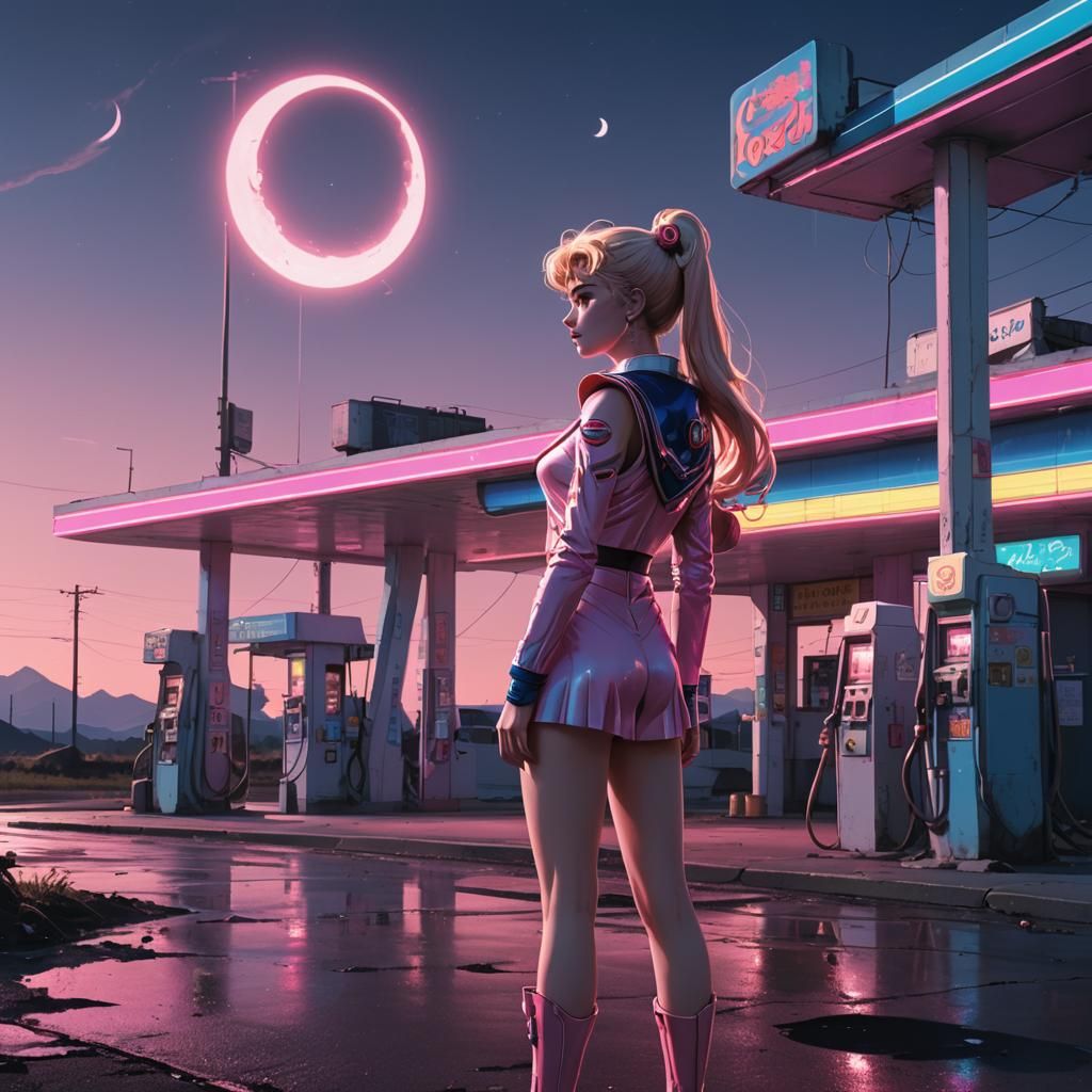 Sailor Moon at Alien Gas Station in Retro-Futuristic Style
