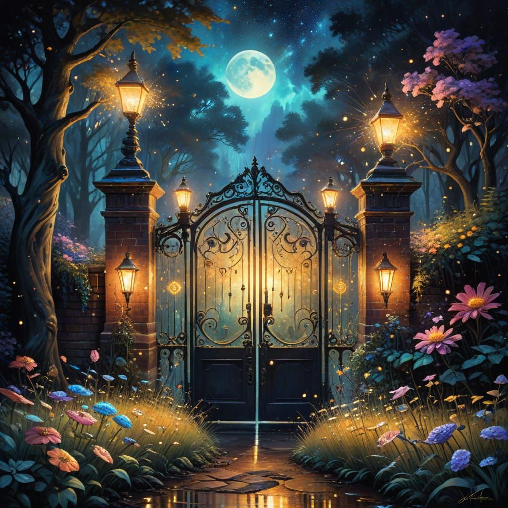Enchanting Art Nouveau Gate Amidst a Dark Forest