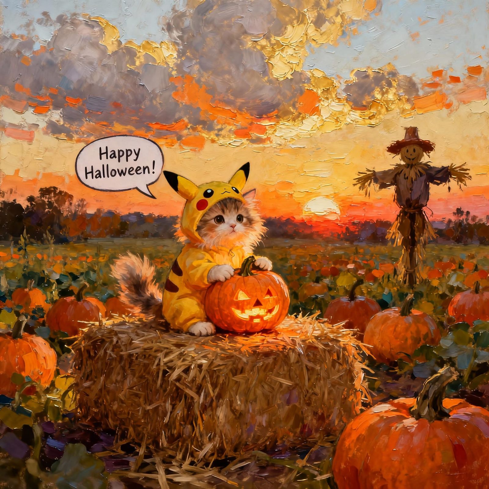 Fluffy Kitten in Pikachu Costume with Jack-o'-Lantern