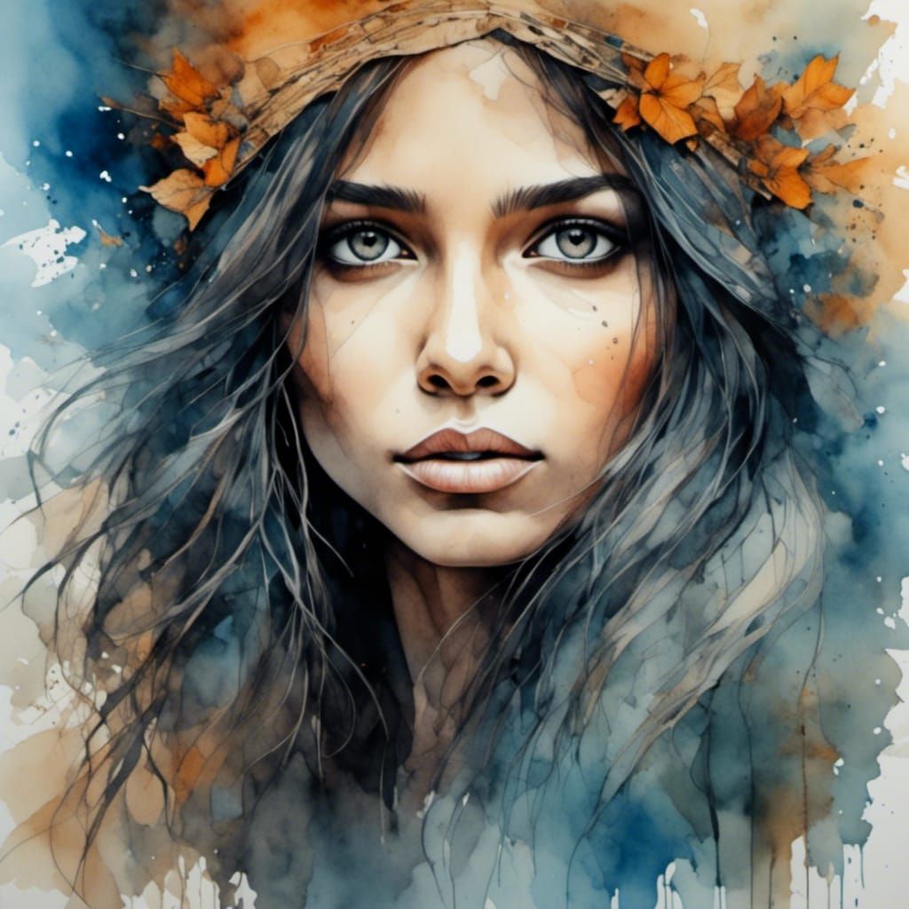 Watercolor Portrait of Indian Woman with Long Hair