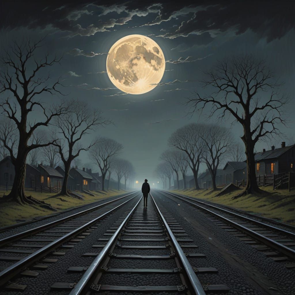 Mysterious Figure Vanishes into the Moonlit Railway