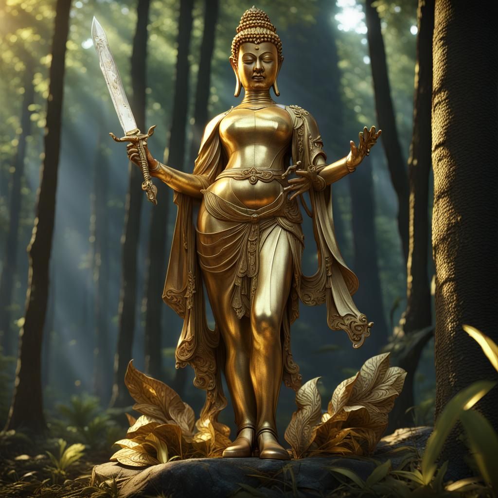 Gold Buddha Statue in Forest, Dark Fantasy Art