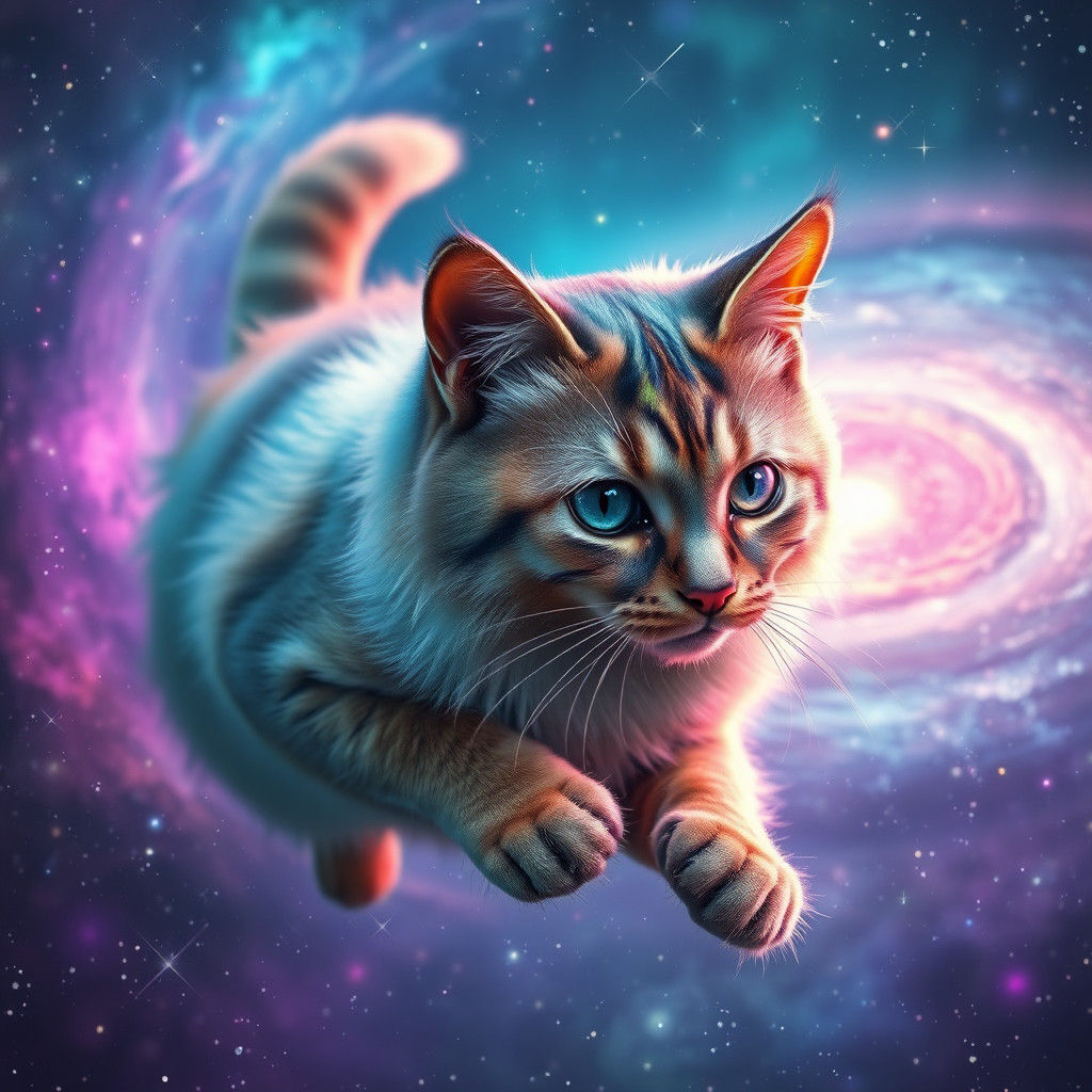 Cosmic Cat Floating in Galaxy with Iridescent Fur