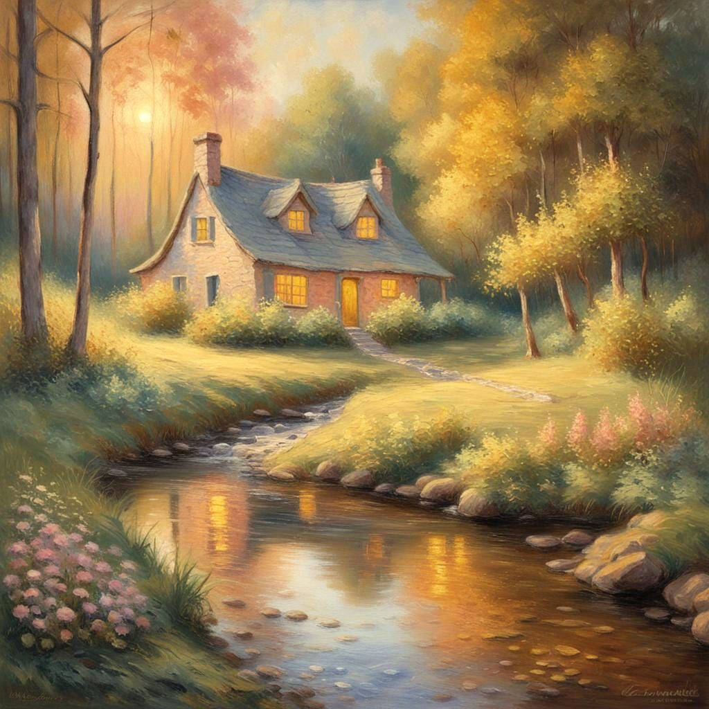 Cottage by Stream at Sunrise as Impasto Painting