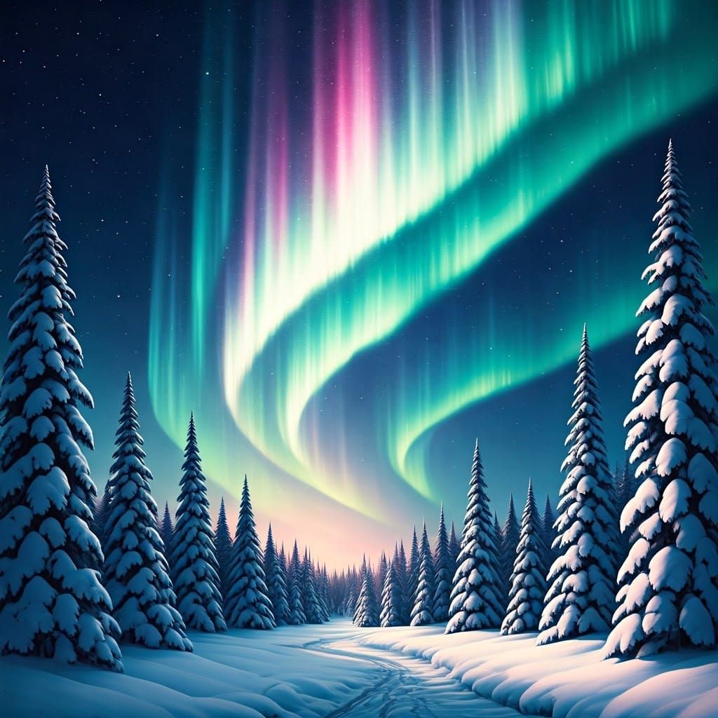 Aurora Borealis Over Snowy Forest, Dreamlike Illustration