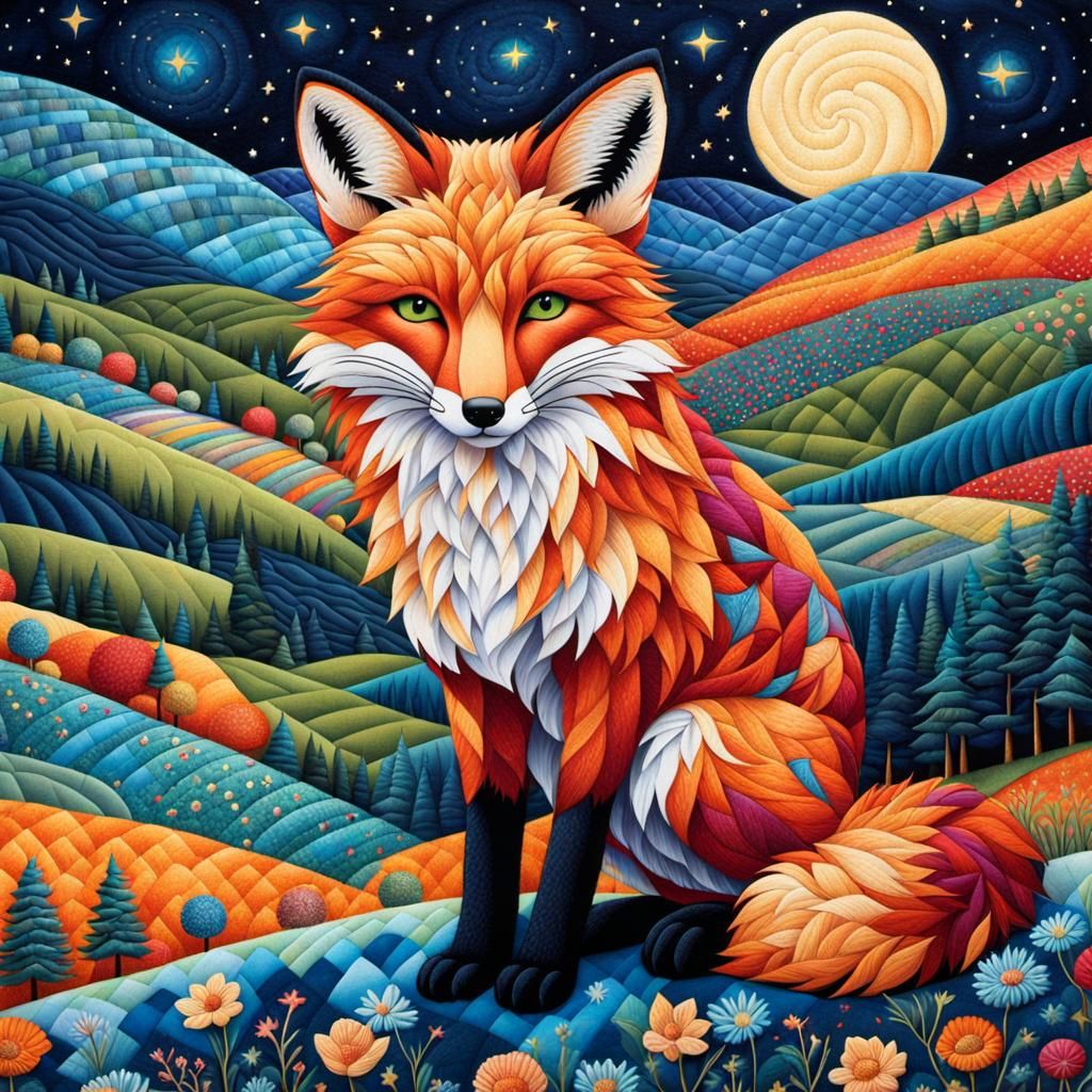 Quilted Fox on Starry Hillside Illustration