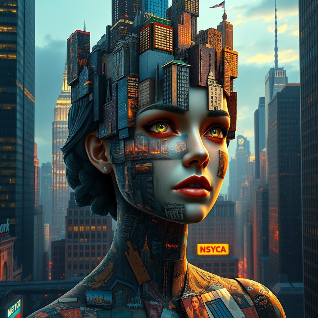 Surreal Human Cityscape in Vibrant Art Nouveau Style