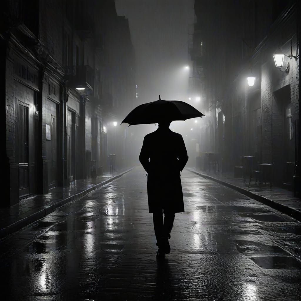 Rainy Cityscape at Night in Neo-Noir Style