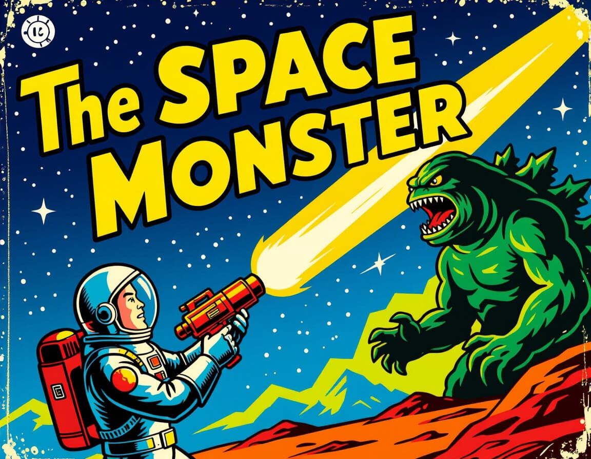 Retro Sci-Fi Book Cover: Spaceman vs. Giant Monster