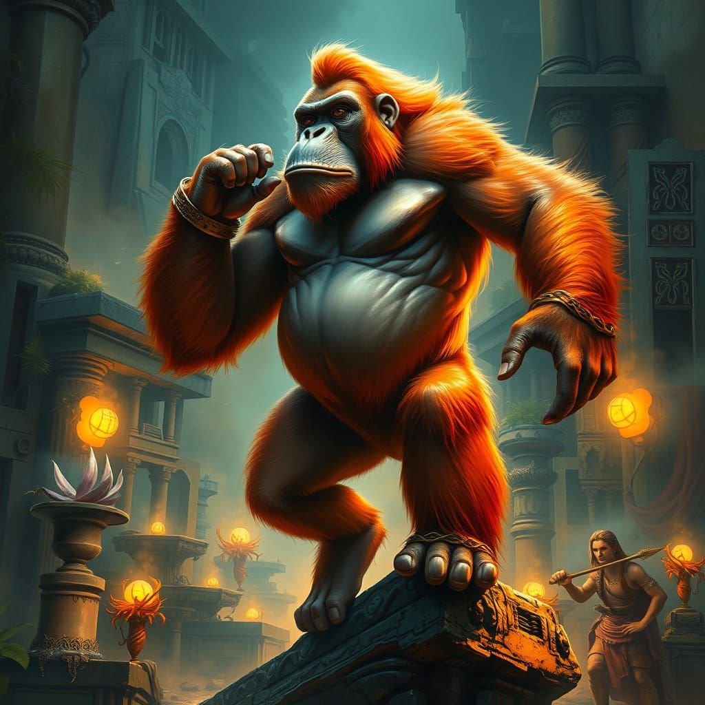 Heroic Orangutan Amidst Ancient Ruins in Vibrant, Golden Lig...