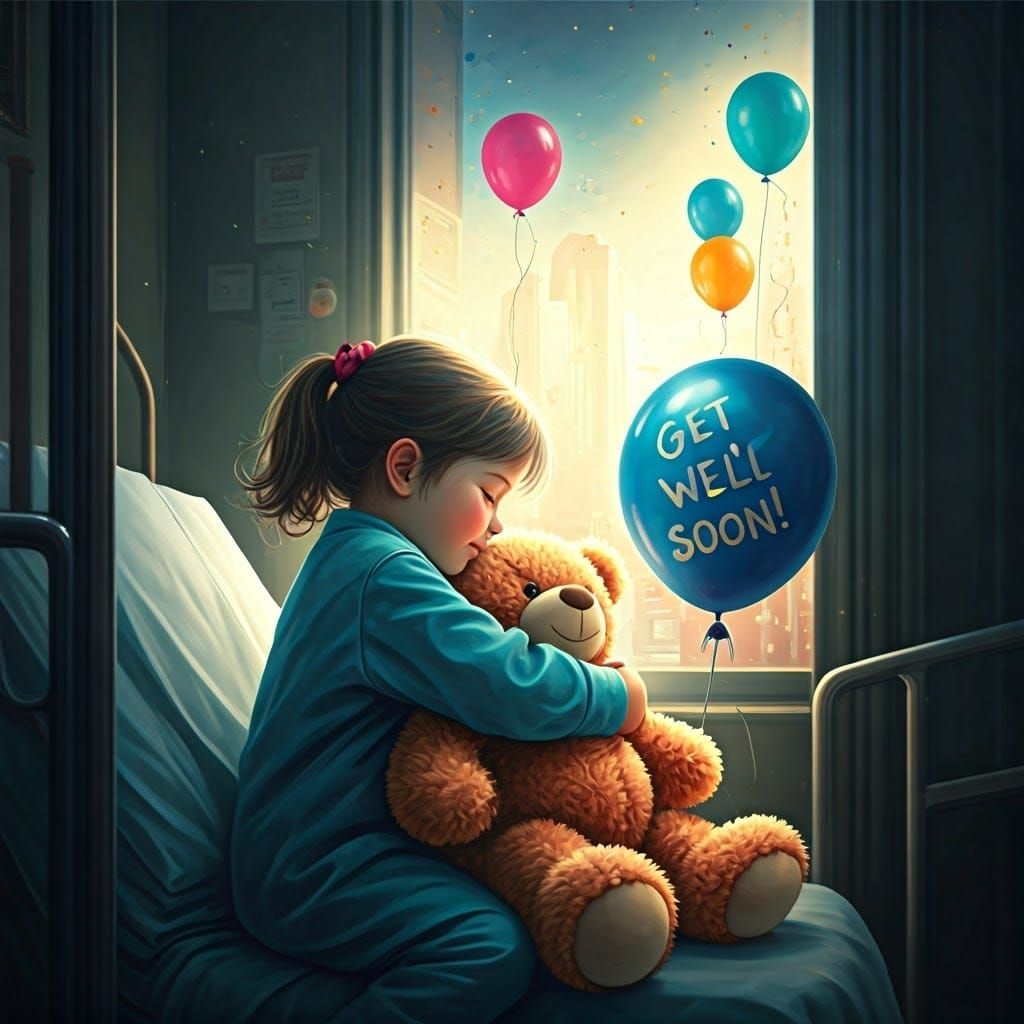 A small child hugging a teddy bear in the hospital. "Get wel...