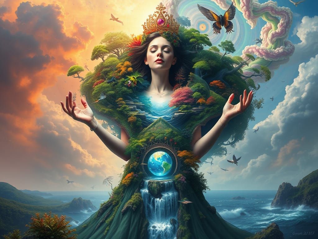 Surreal Princess Unites Vibrant Landscapes in Ethereal Harmo...