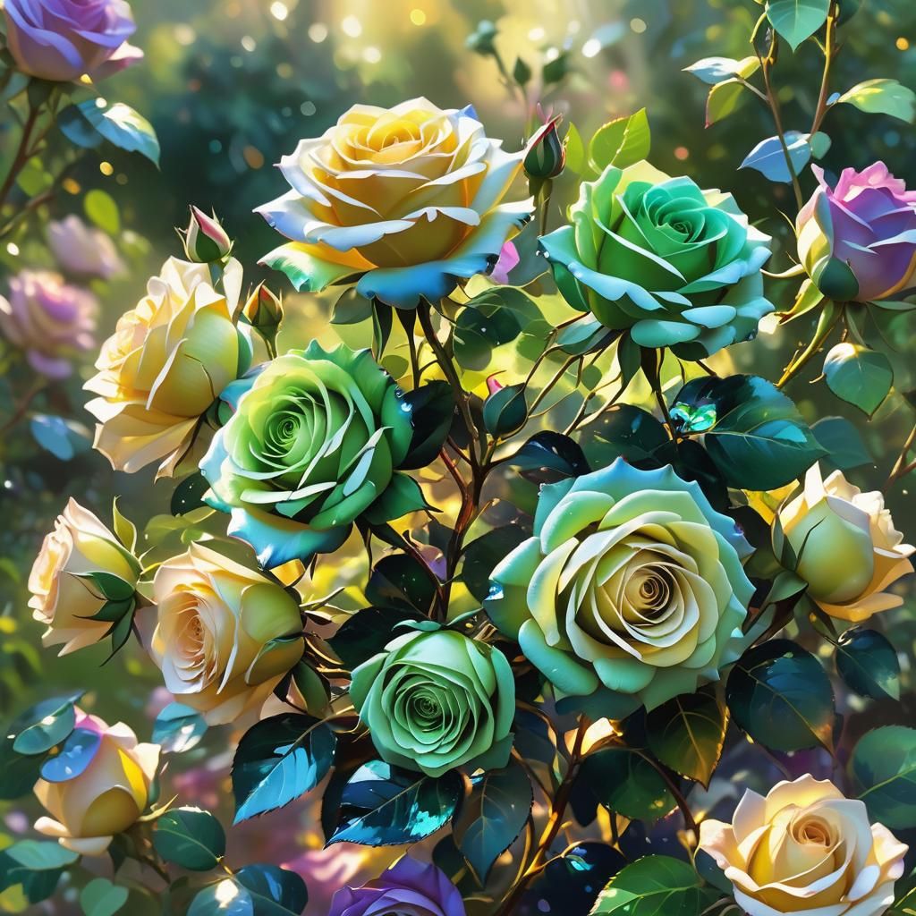 Green Roses in Sunlight: Hyper-Realistic Digital Art