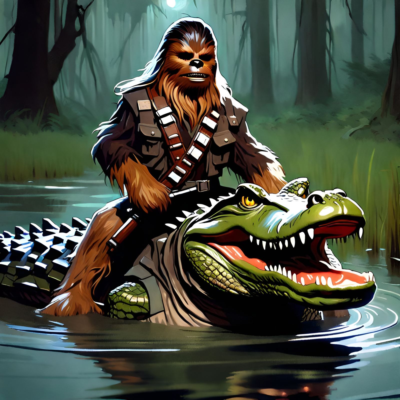 Chewbacca Rides Alligator: Detailed Digital Art
