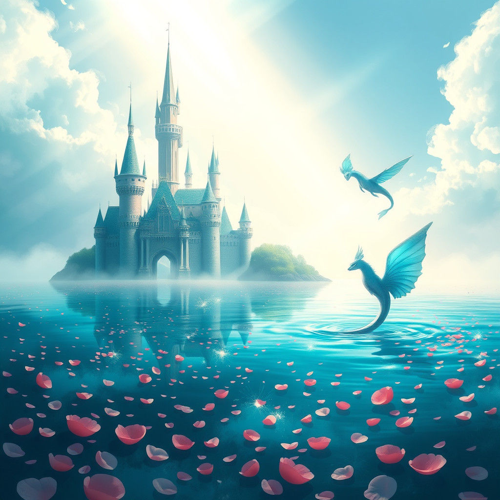 Mystical Castle Rising from Rose Lake