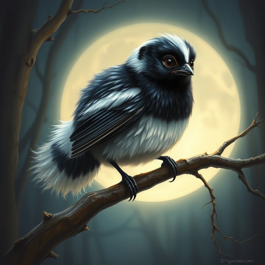Mystical Skunk Robin Hybrid Perched in Moonlit Forest