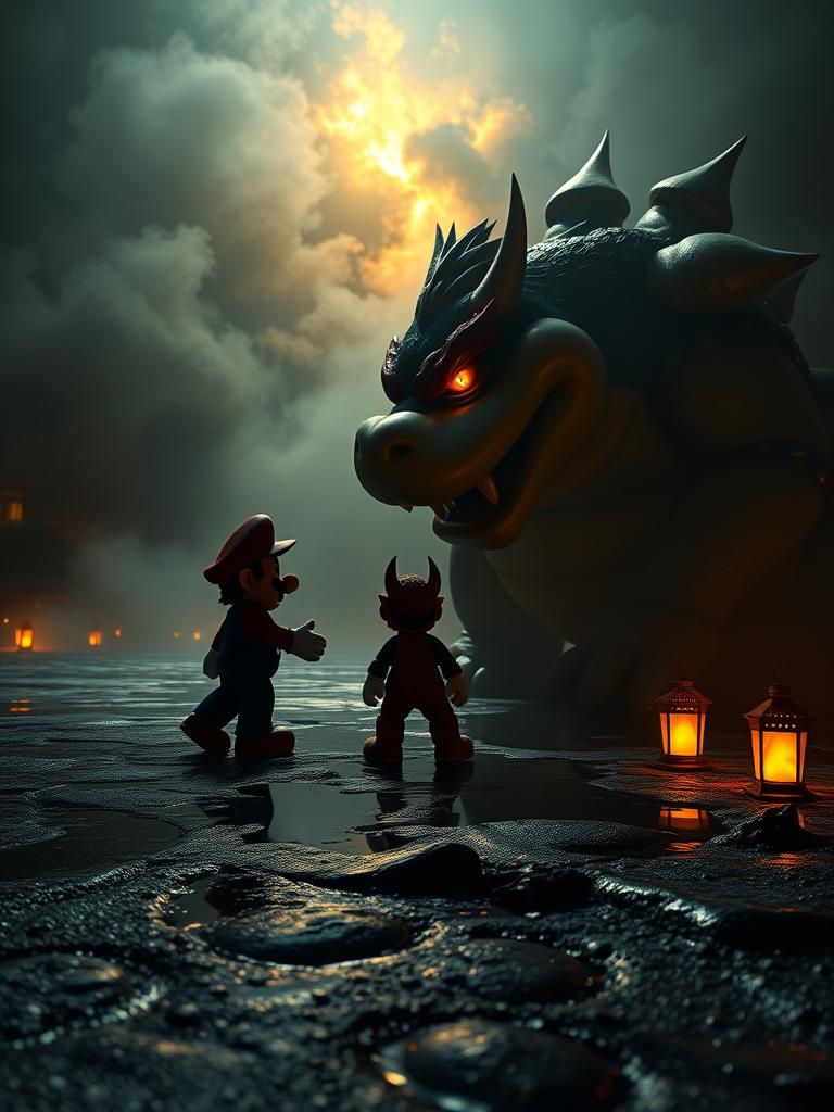 Mario vs Bowser: Hyperrealistic Noir Confrontation