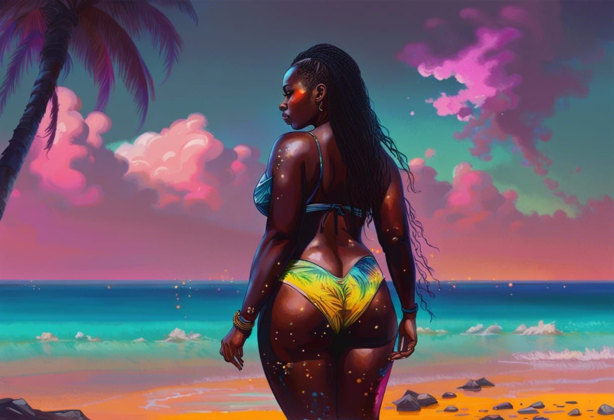 Voluptuous Woman on Beach in Cyberpunk Style