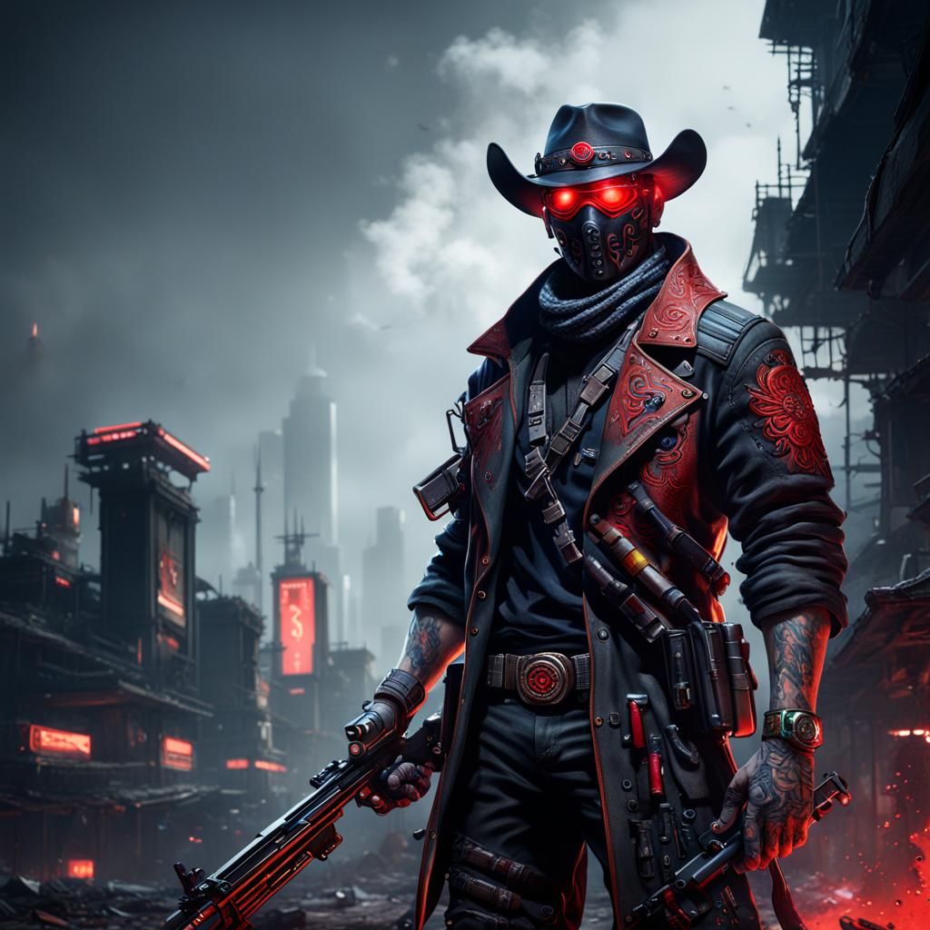 Cyberpunk Cowboy with Red Eyes and Bandanna Mask