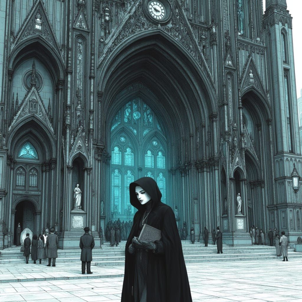 Lone Woman Before Ancient Cathedral, Pen and Ink Drawing