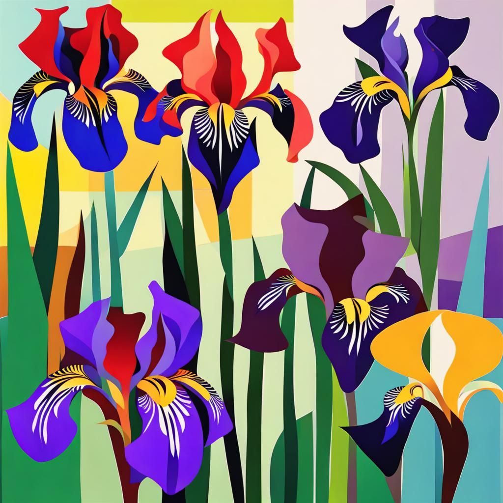 Cubist Iris Flowers in Bloom