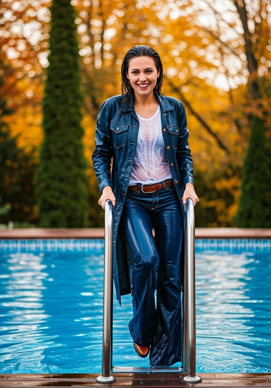 Woman Exits Pool in Autumn Backyard