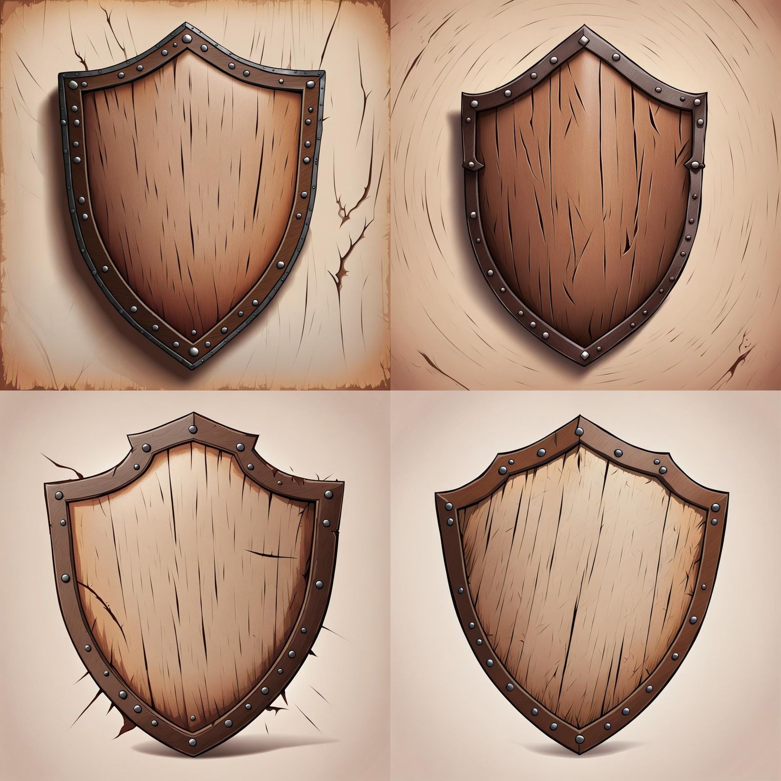 Cartoonish Wooden Shield with Cracks and Leather Handle