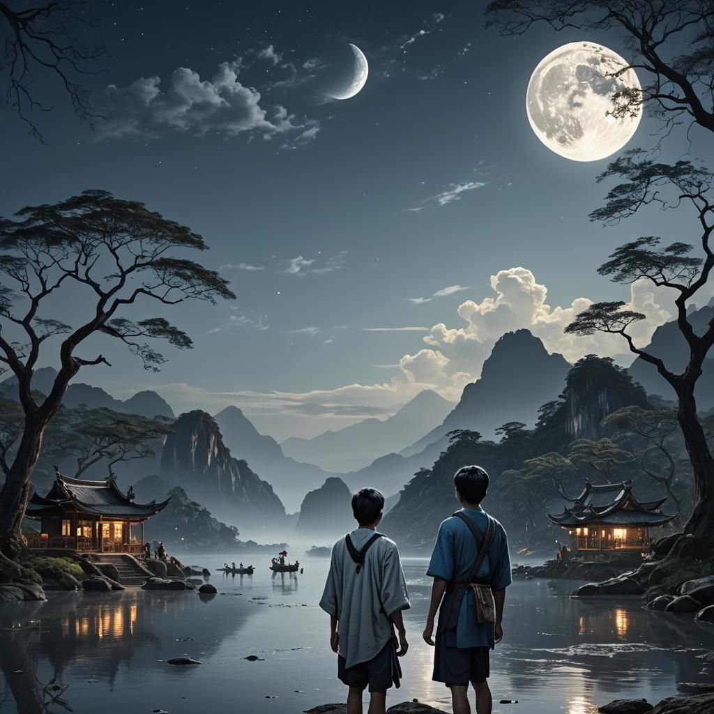 Man and Dragon Under Moonlight in Fantasy Style