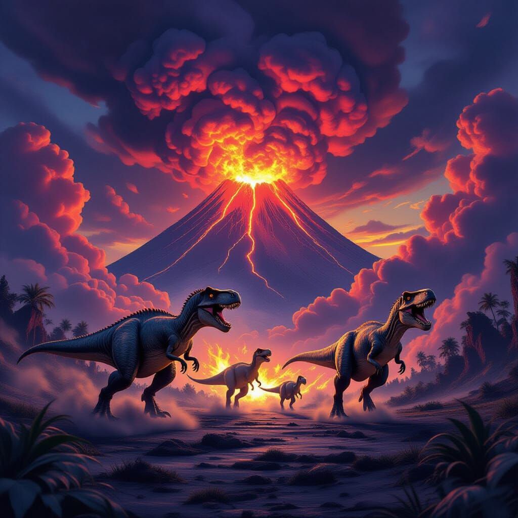 Dinosaurs Fleeing Volcano in Dark Fantasy Landscape