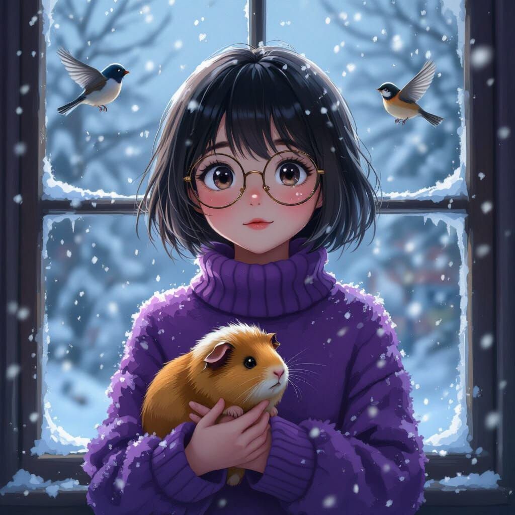 Anime Girl With Guinea Pig Watching Snowfall in Detailed Mat...