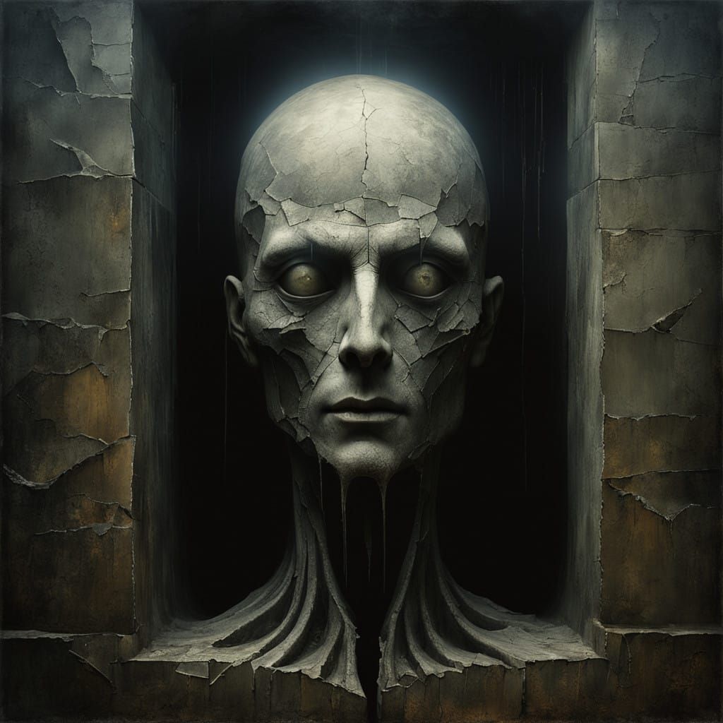 Ethereal Shattered Mirror Reflects Ghostly Faces in Dim Ligh...