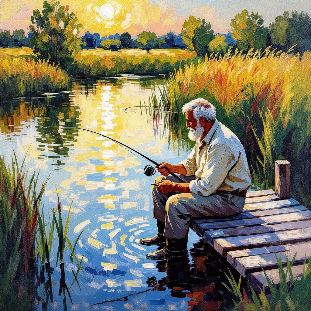 Contemplative Angler on Calm Pond in Golden Hour Oil Paintin...