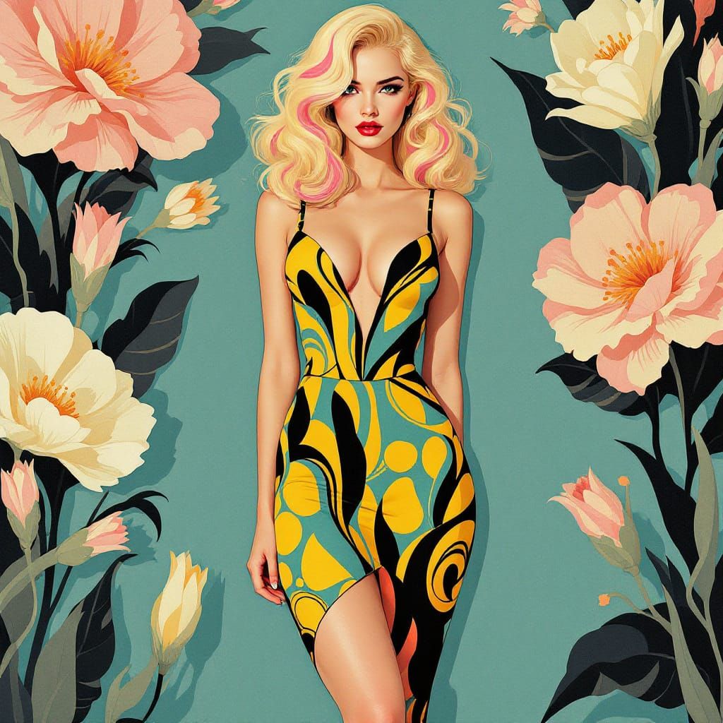 Blond Pin-Up Woman in Bold Art Nouveau Style