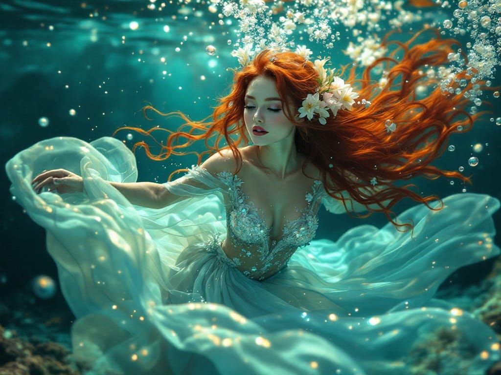 Red-Haired Dancer in Ethereal Underwater Scene