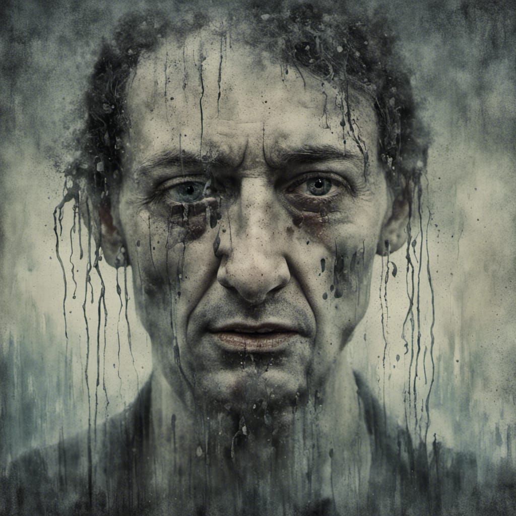 Terrified Man in Rain: Surreal Watercolor Painting