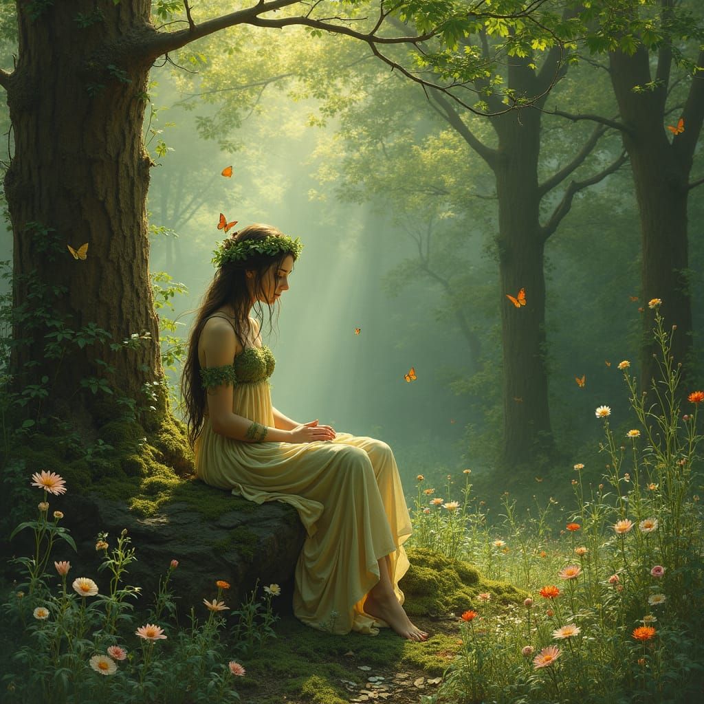 Dryad in Forest Glade, Pre-Raphaelite Style
