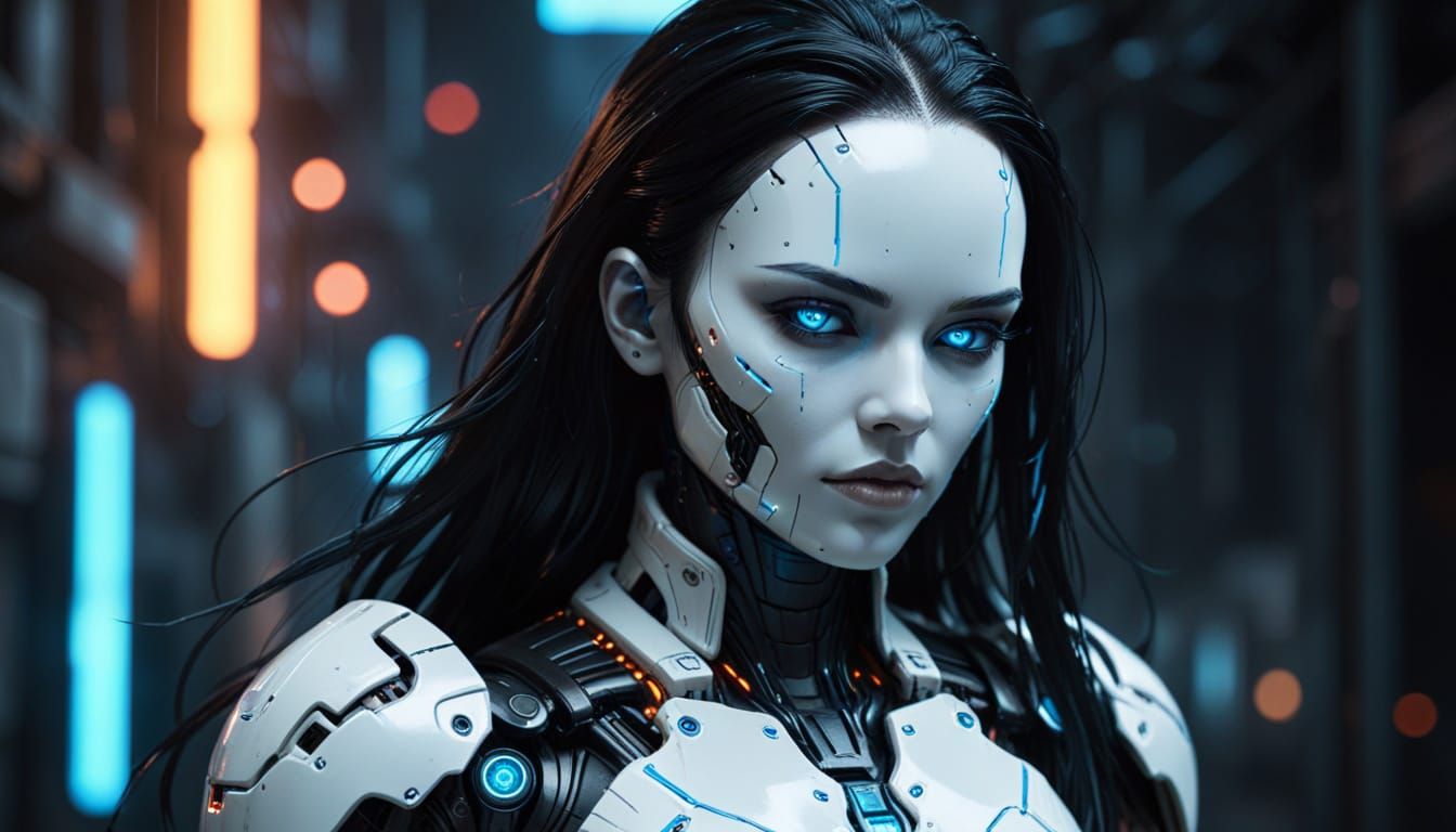 Female Cyborg in Cyberpunk Cityscape