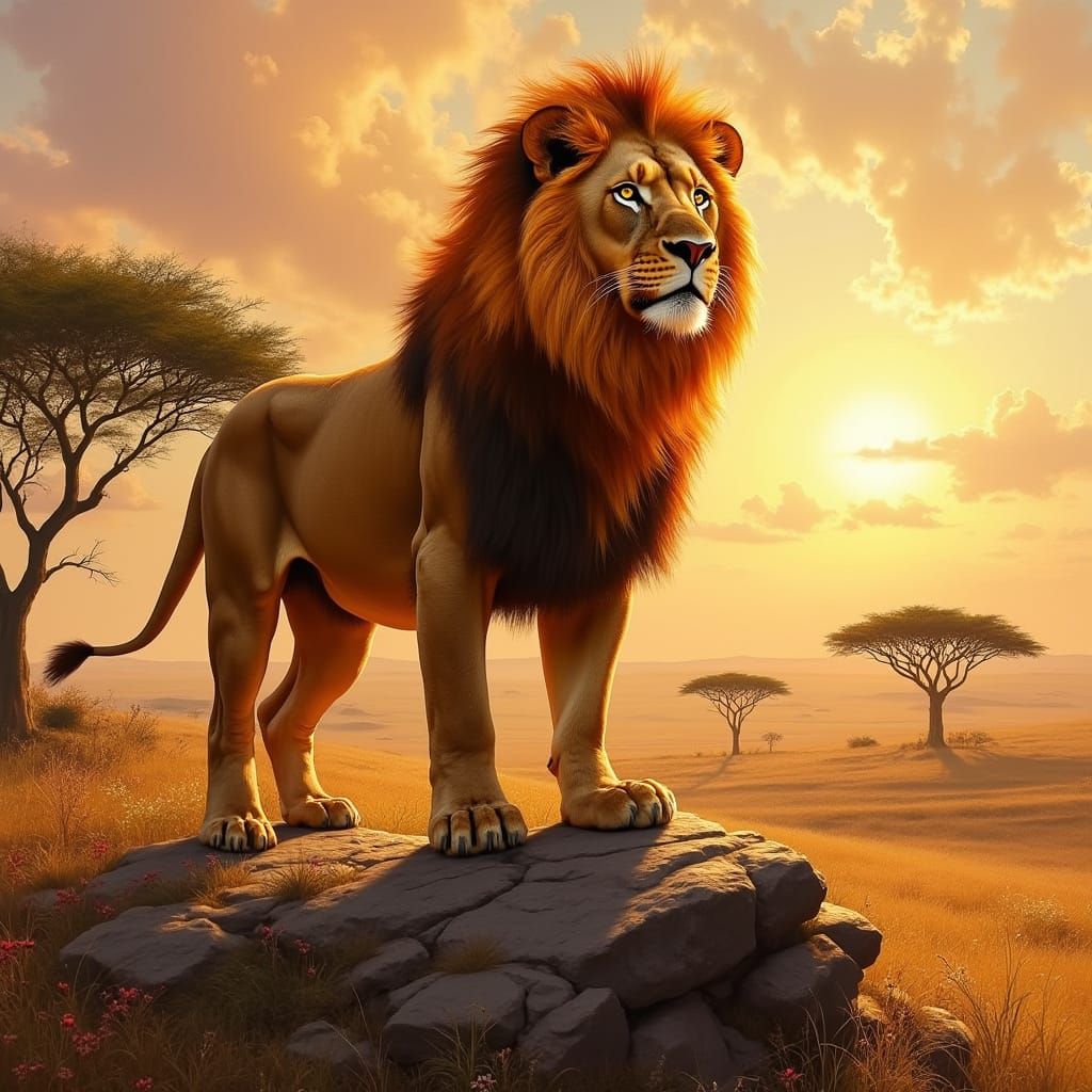 Lion with Fiery Mane on Savannah, Dramatic Realism