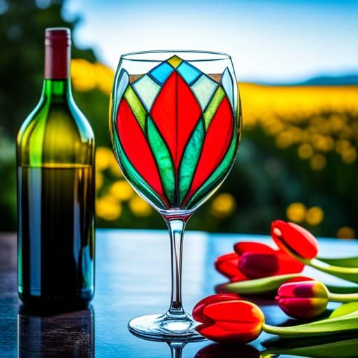 Stained Glass Wine Glass with Tulips, Abstract Art