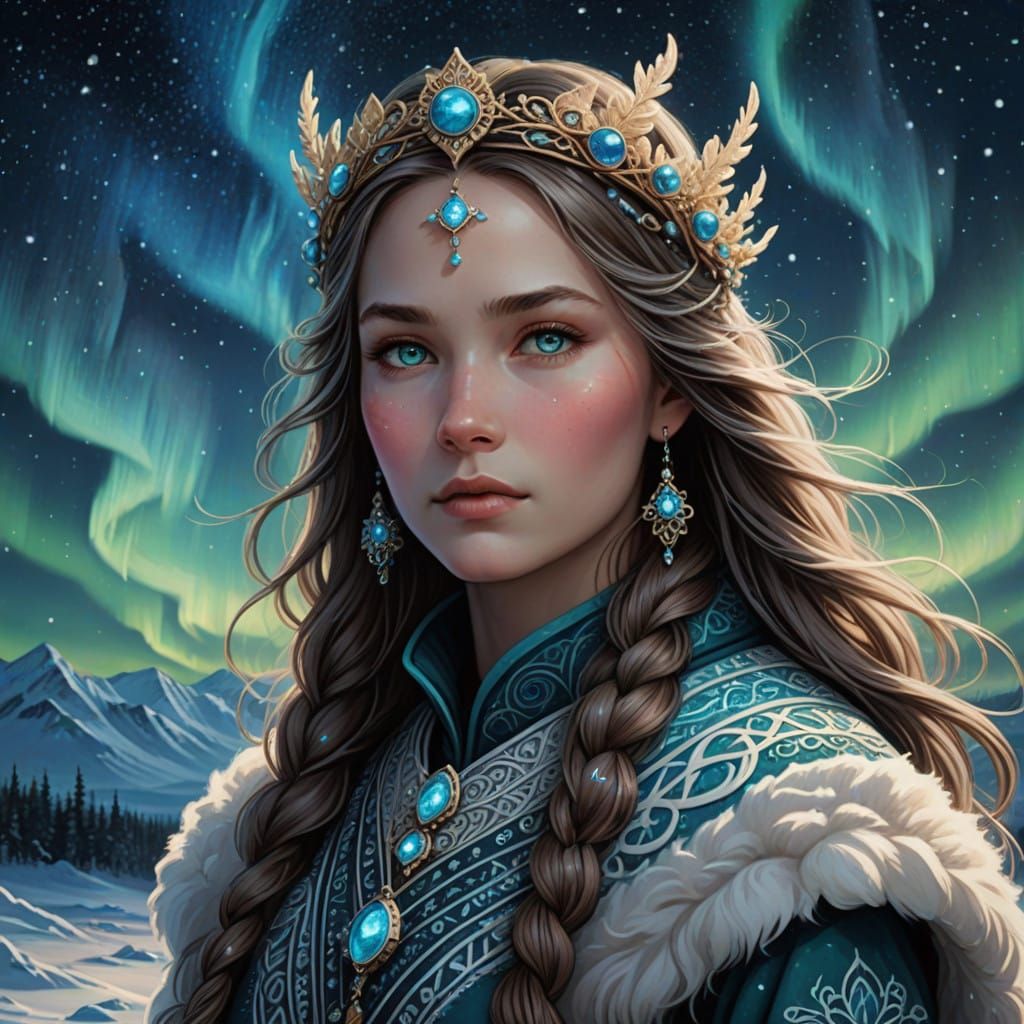Nordic Princess in Regal Crown with Iridescent Eyes