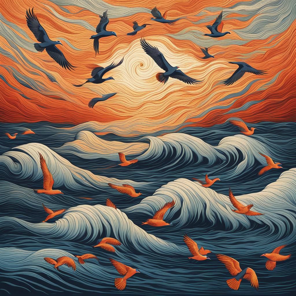 Flaming Waves Over Ocean with Dreamy Birds