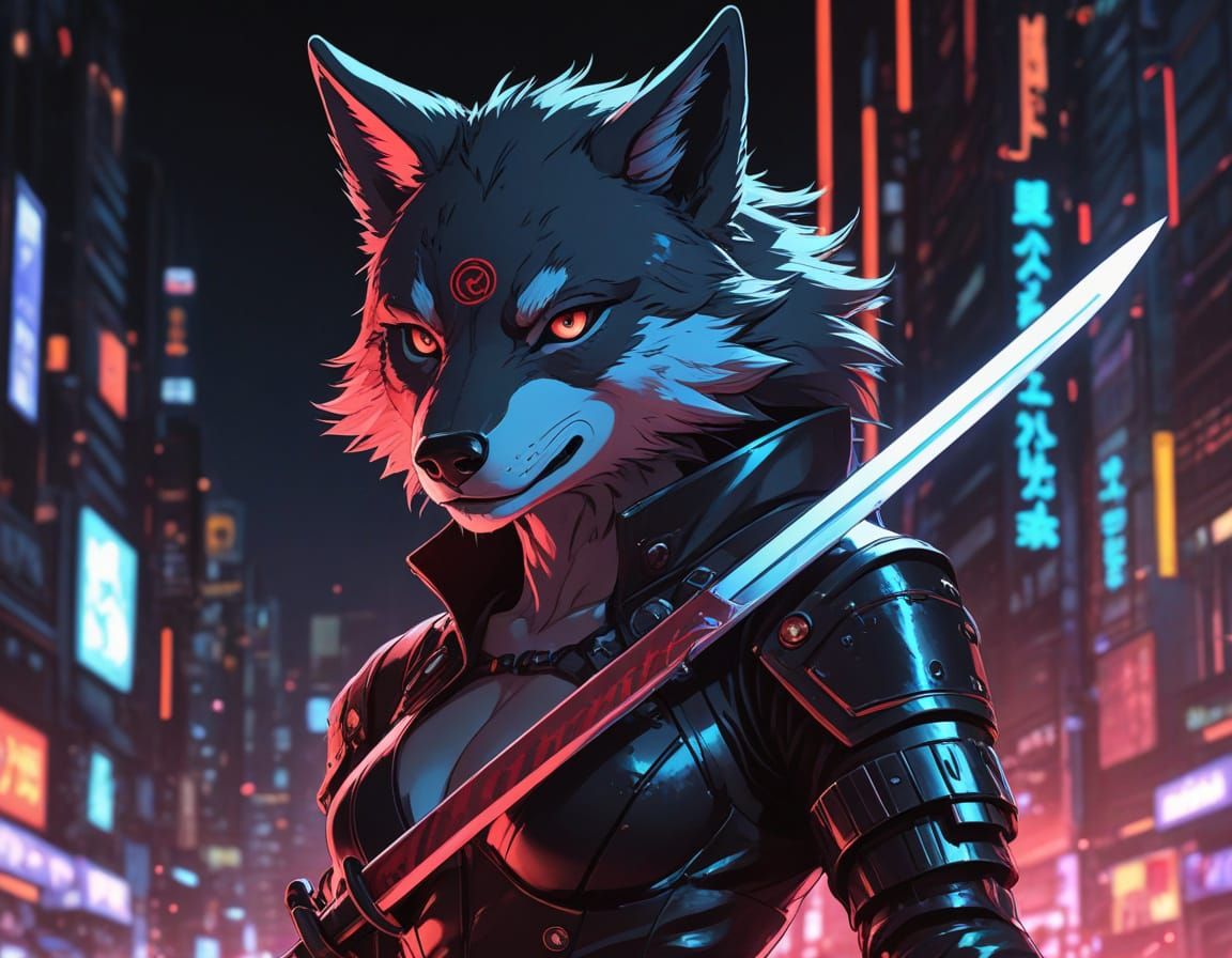 Sleek Wolf Assassin in Neon-Lit Anime Style