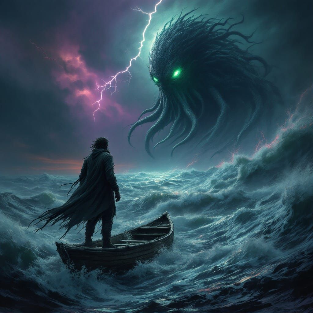 Man Confronts Cthulhu in Apocalyptic Storm